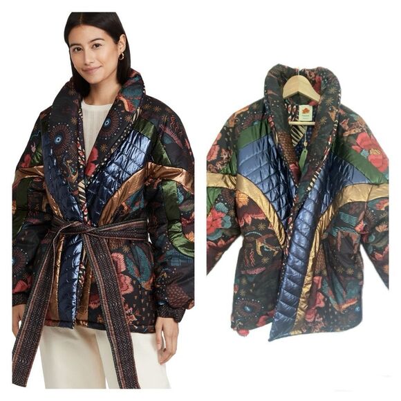 New Farm Rio Banana Leaf Reversible Puffer Jacket Oversized Sz M - Picture 1 of 11